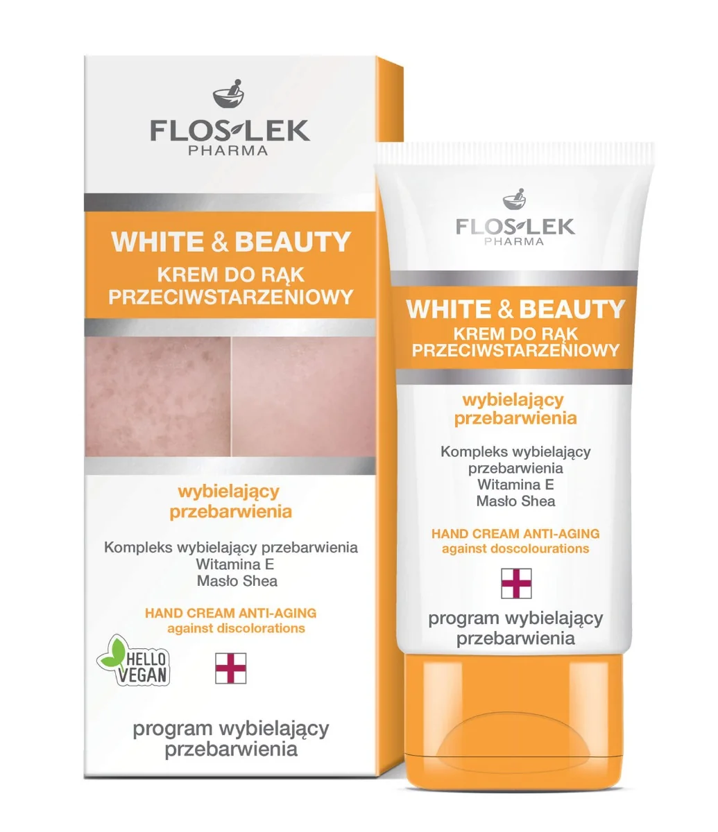 Floslek White and Beauty, krem do rąk przeciwstarzeniowy, wybielający przebarwienia, 50 ml