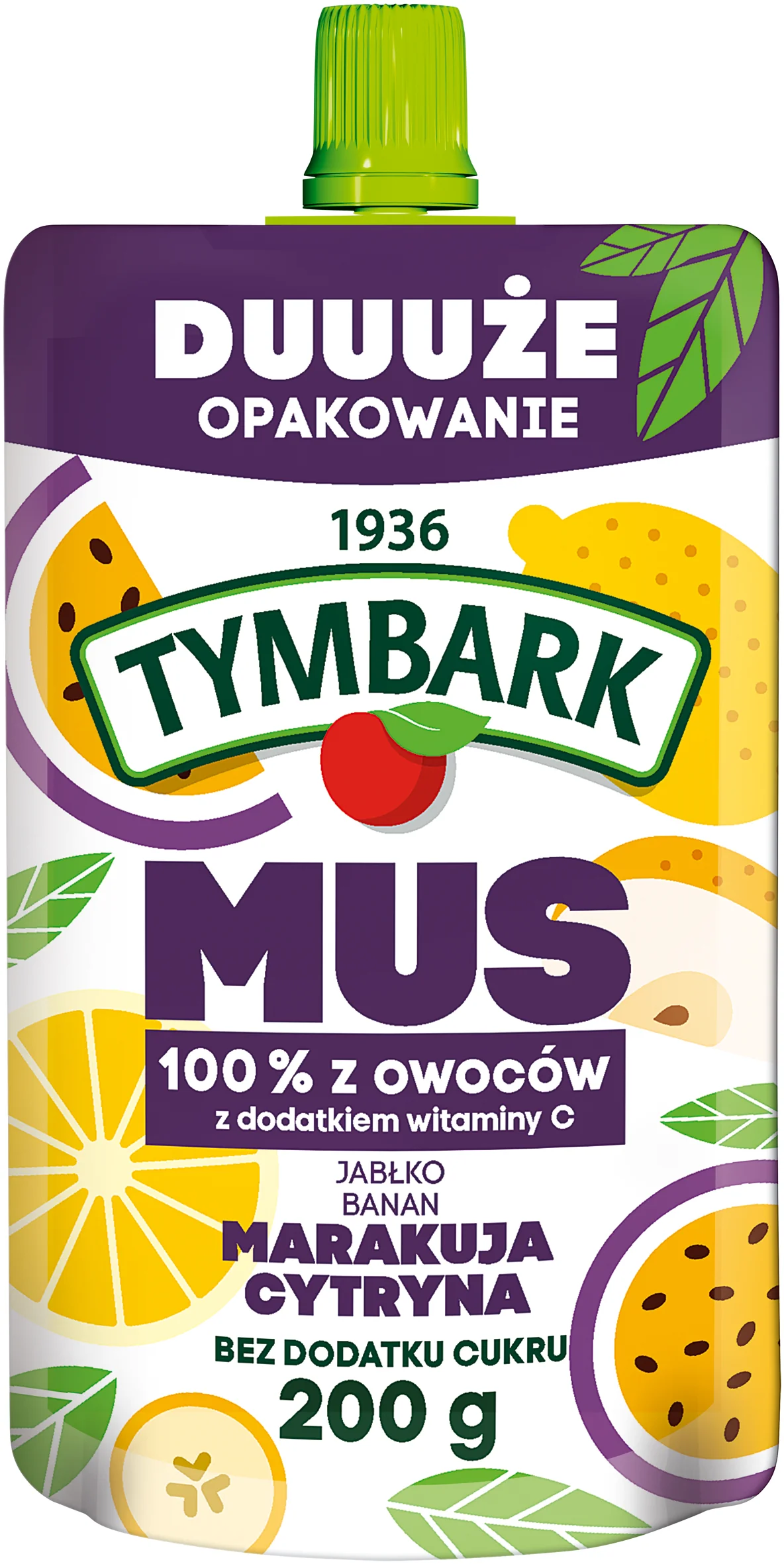 Tymbark Mus 100% z owoców Mus jabłko, banan, marakuja, cytryna XXL, 200 g