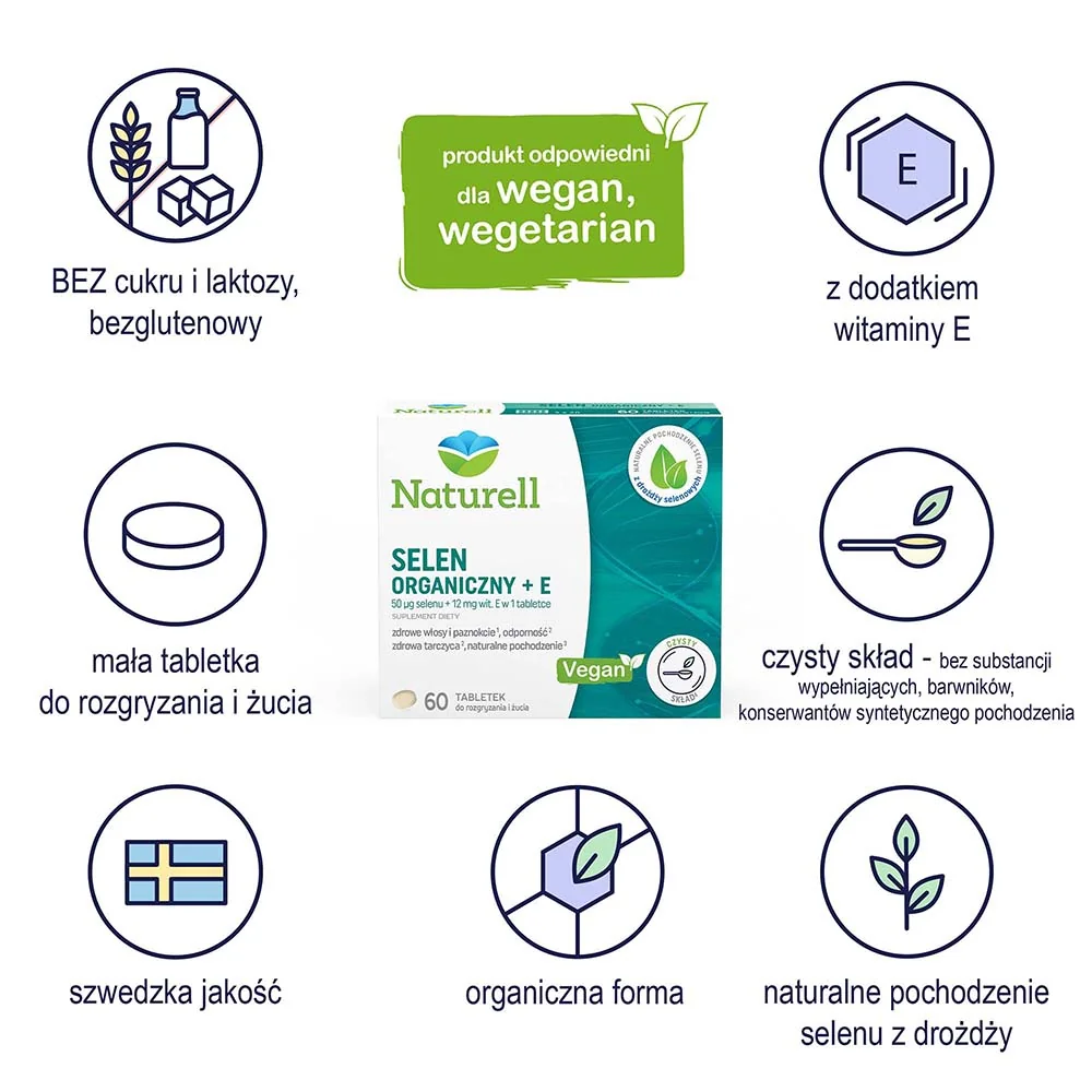 Naturell Selen organiczny z witaminą E, suplement diety, 60 tabletek do ssania 