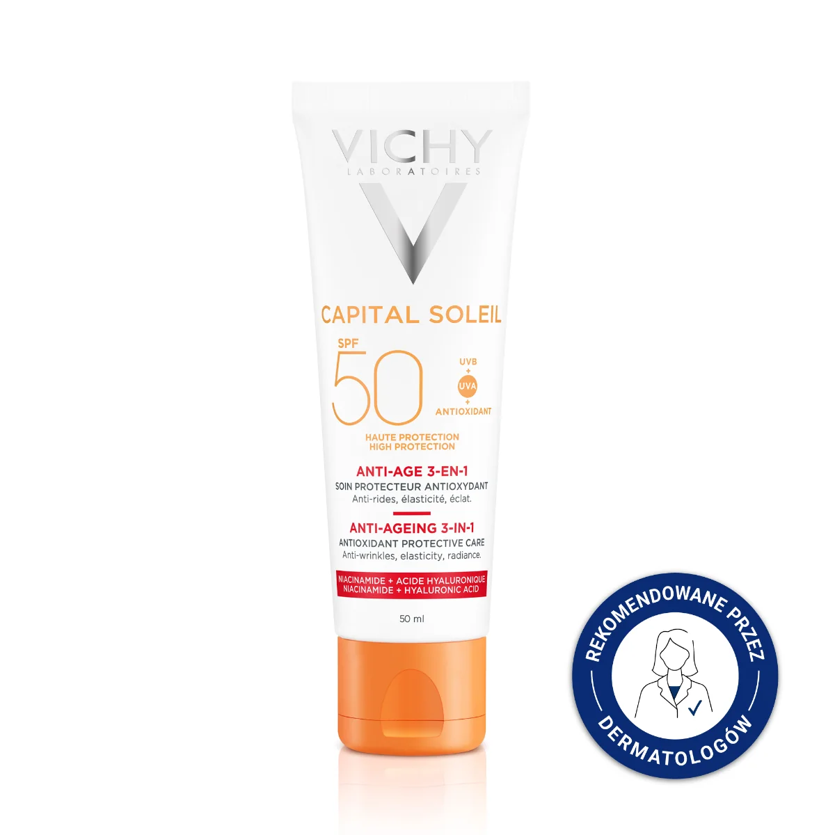 Vichy Capital Soleil, Krem Przeciwstarzeniowy do twarzy 3w1 SPF50, 50 ml