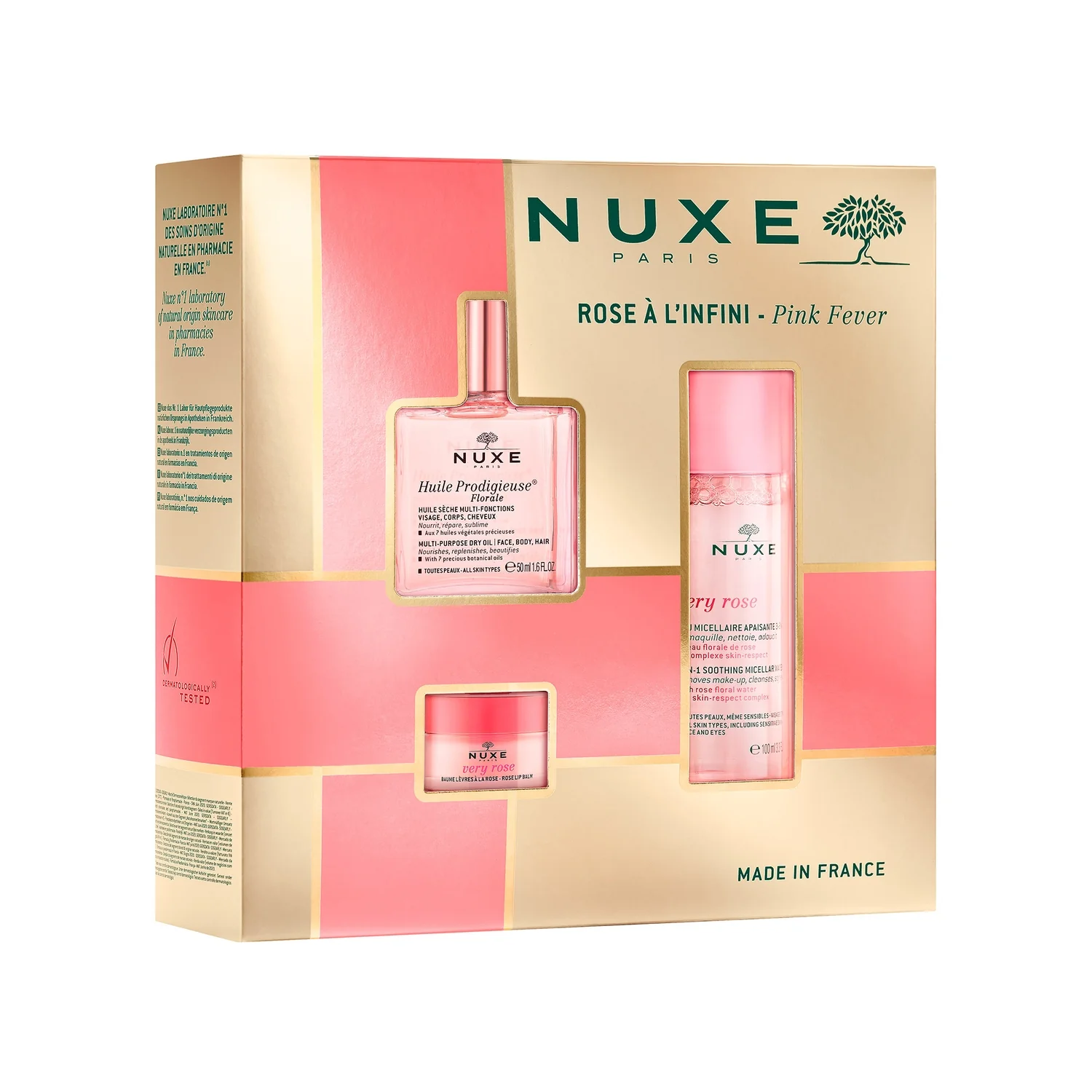 Nuxe Huile Prodigieuse Florale suchy olejek pielęgnacyjny o kwiatowym zapachu, 50 ml + Very Rose łagodząca woda micelarna, 100 ml + Very Rose różany balsam do ust, 15 g