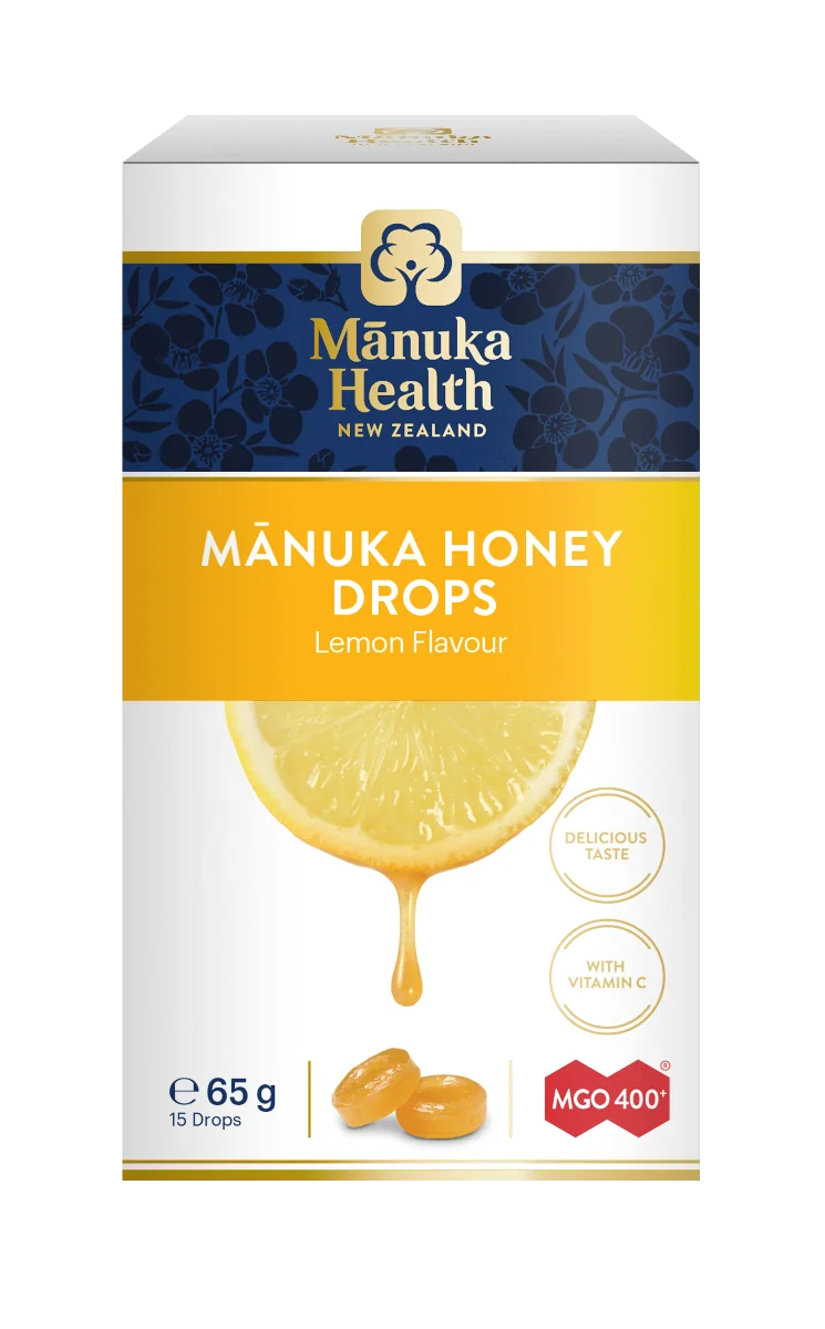 Manuka Health, Cukierki z Miodem Manuka MGO 400+ i witaminą C, suplement diety, smak cytrynowy, 65 g