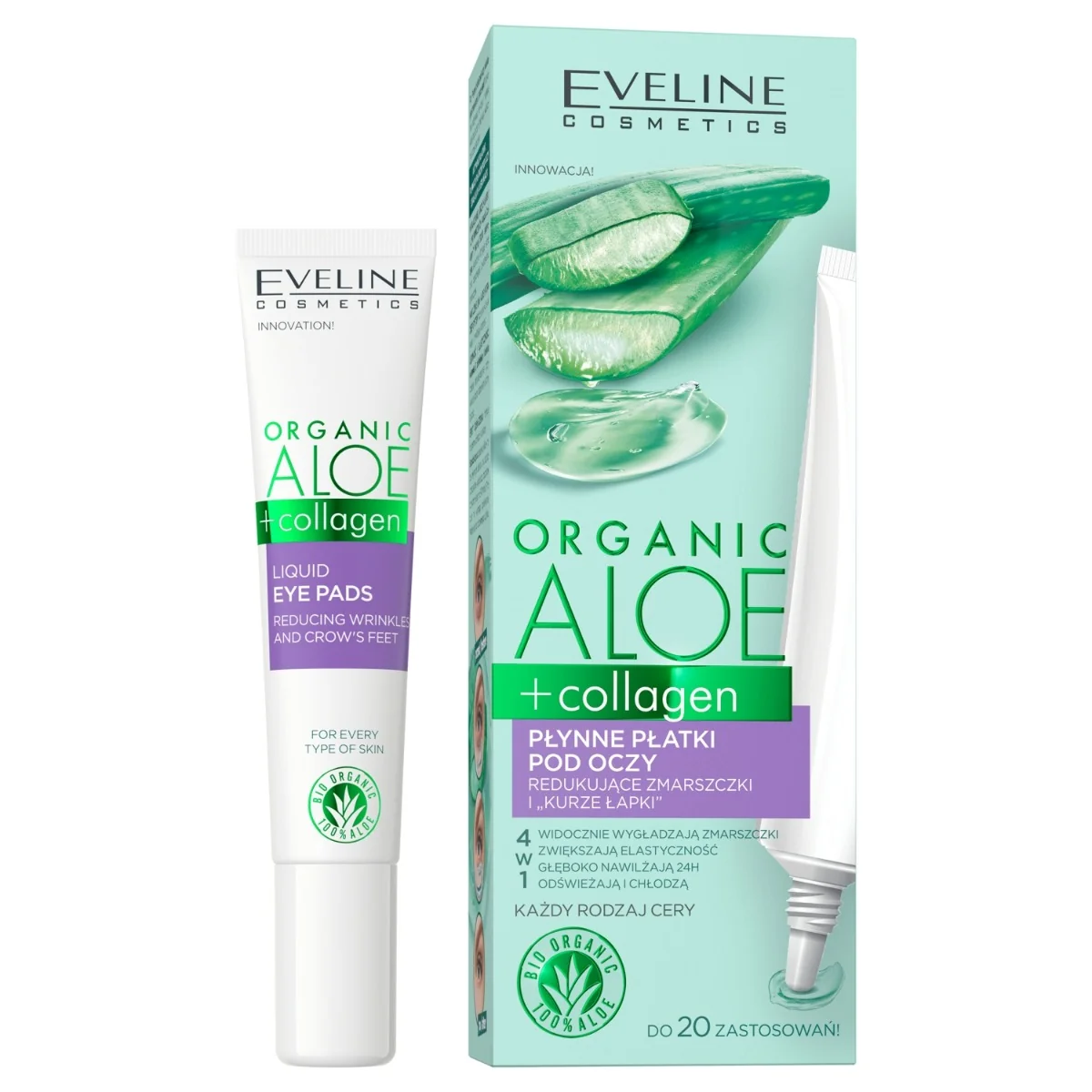 Eveline Cosmetics Organic Aloe + Collagen, płynne płatki pod oczy przeciwzmarszczkowe, 20 ml