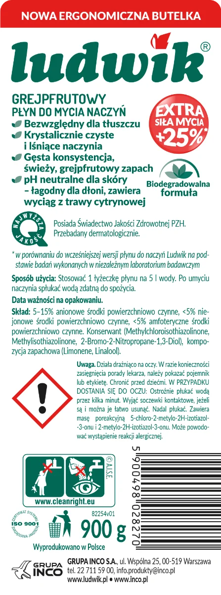 Ludwik płyn do naczyń grejpfrutowy, 900 g