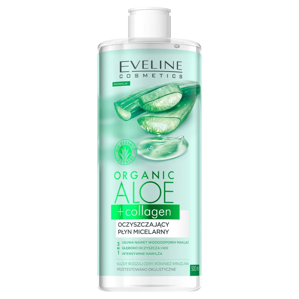 Eveline Cosmetics Organic Aloe + Collagen, płyn micelarny oczyszczający, 500 ml