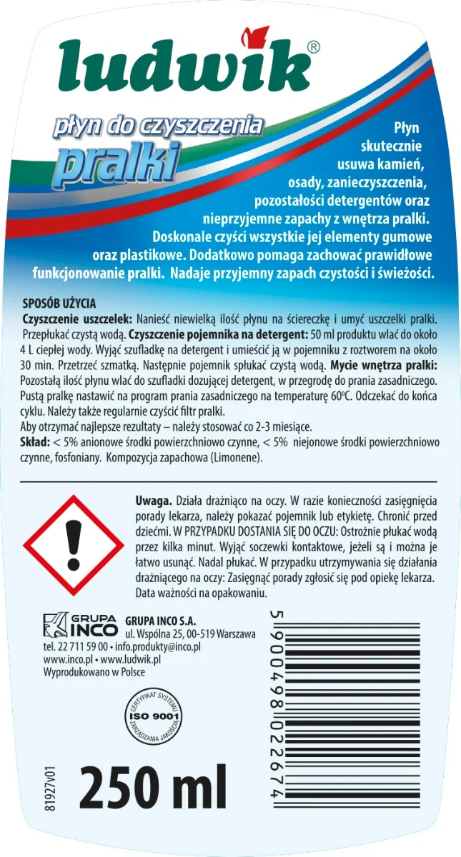 Ludwik płyn do czyszczenia pralki, 250 ml