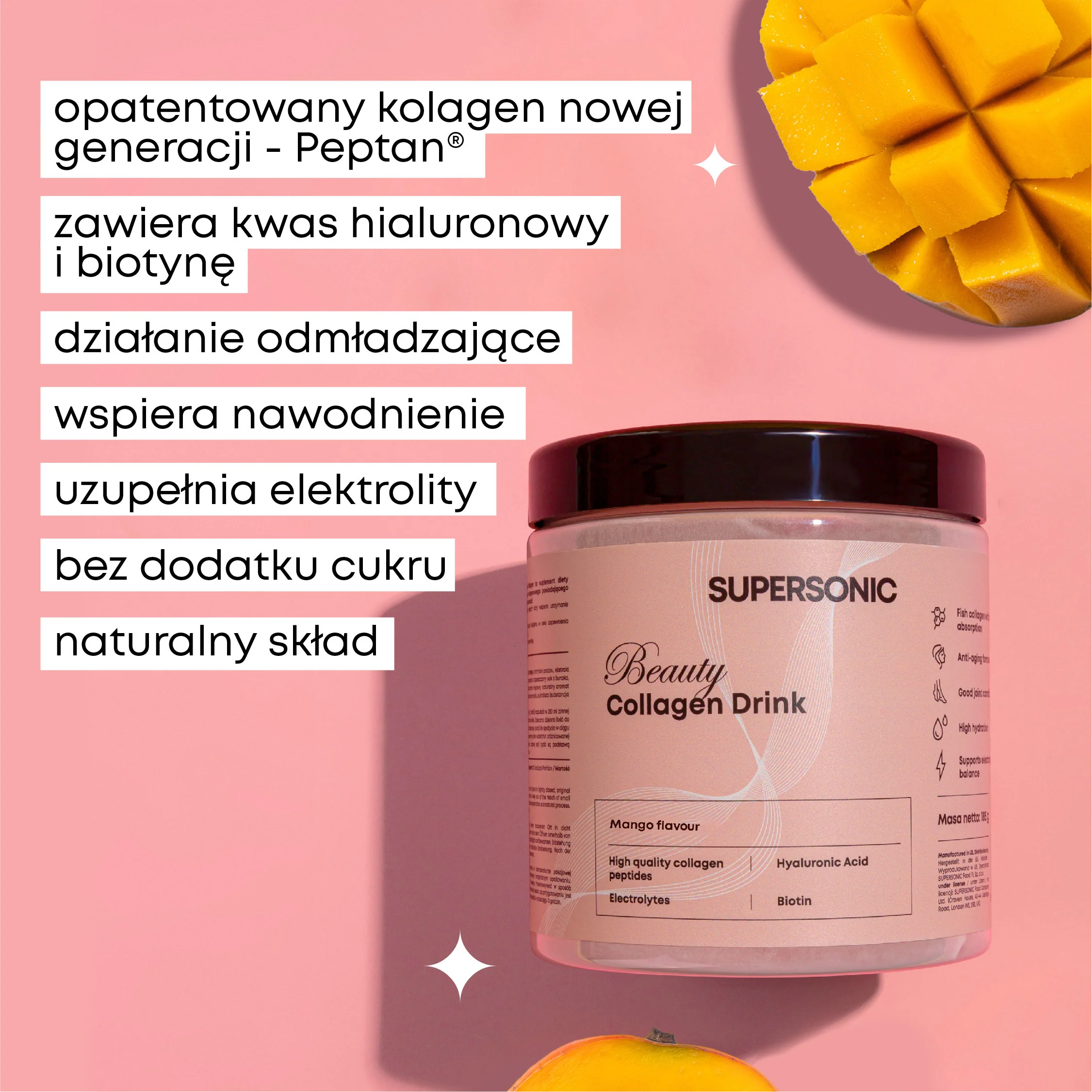 Supersonic Collagen Beauty Drink kolagen w proszku, smak mango, 185 g 