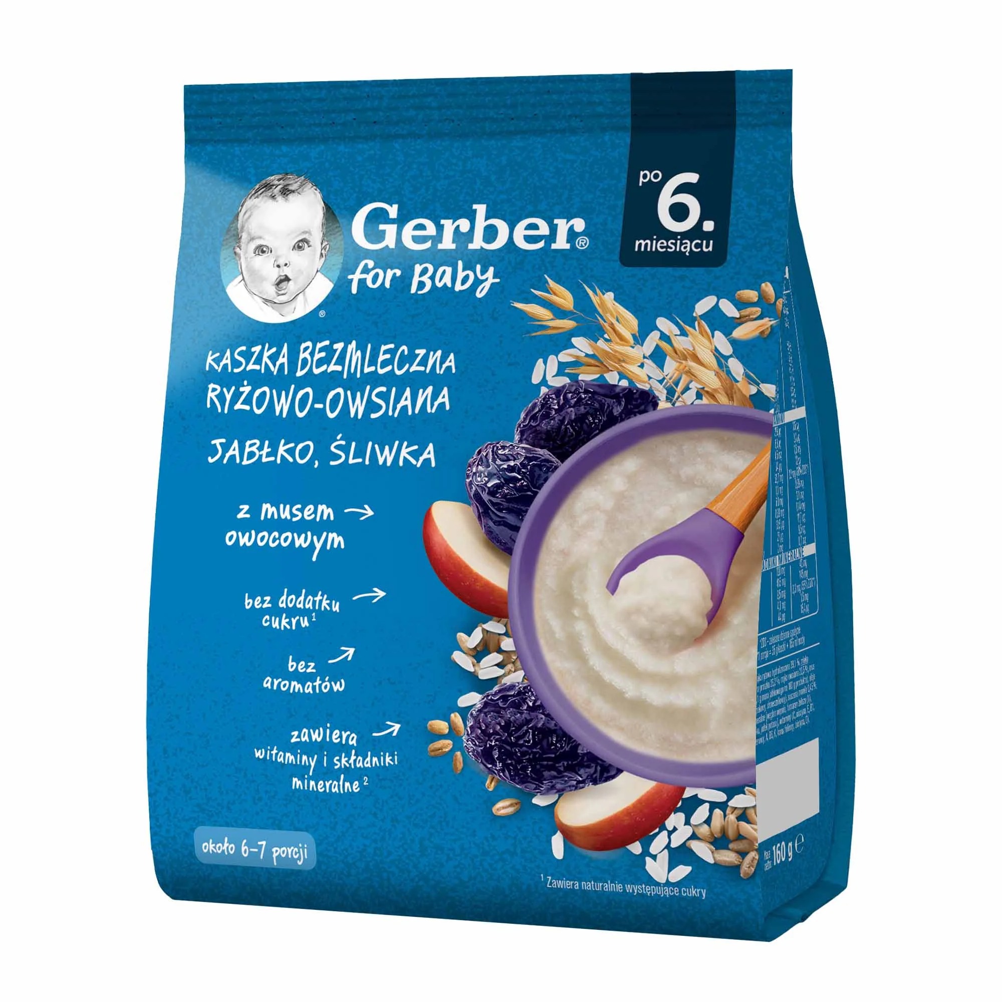 Gerber kaszka bezmleczna ryżowo-owsiana jabłko śliwka po 6. miesiącu, 160 g