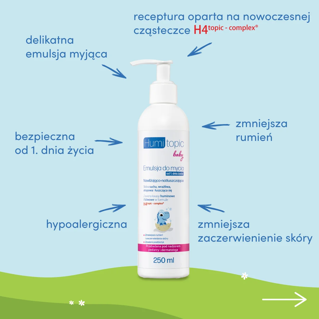 Humitopic Baby nawilżająco-natłuszczająca emulsja do mycia skóry głowy i ciała od 1. dnia życia, 250 ml 