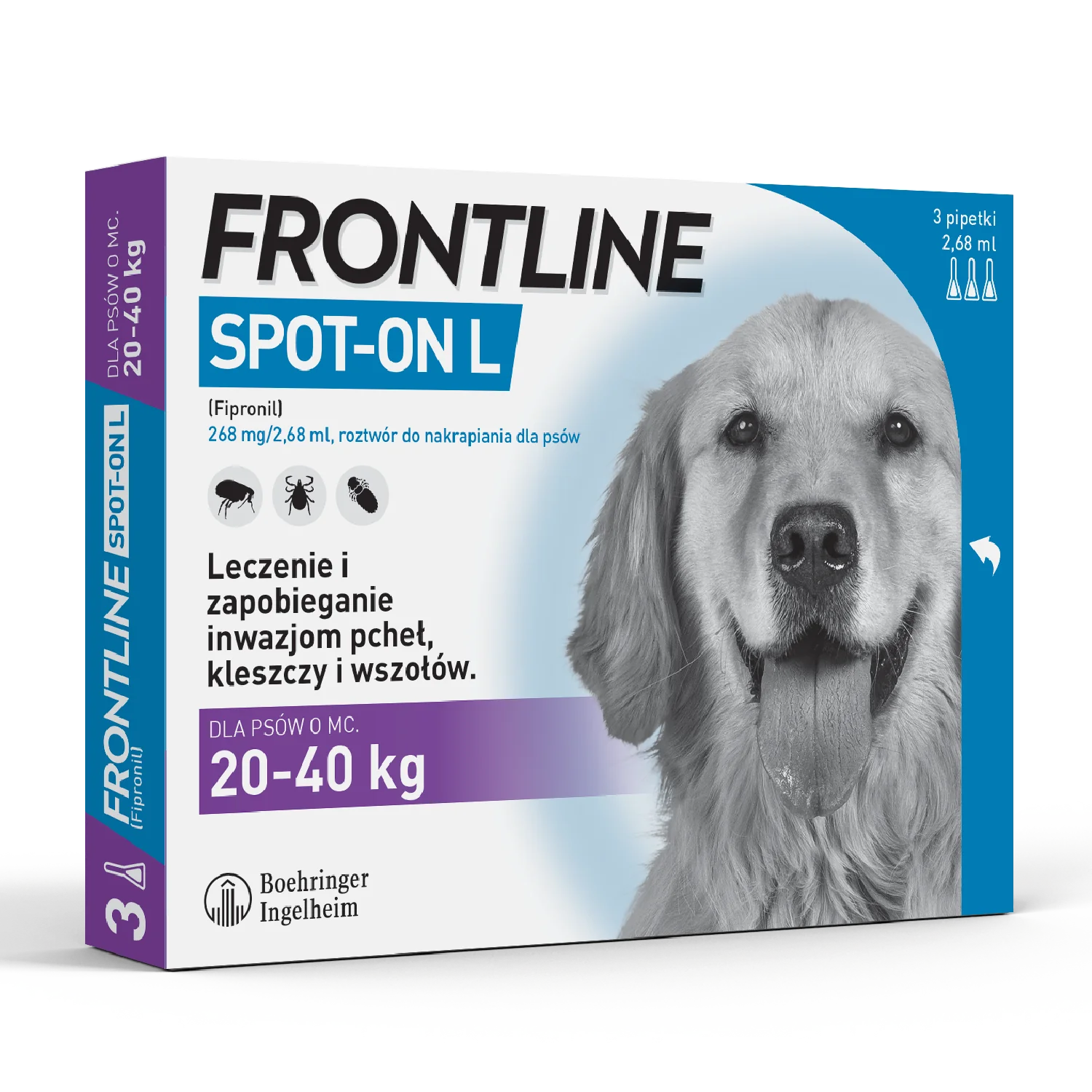 Frontline Spot-on L, 268 mg/2,68 ml, roztwór do nakrapiania dla psów 20-40 kg, 3 x 2,68 ml 