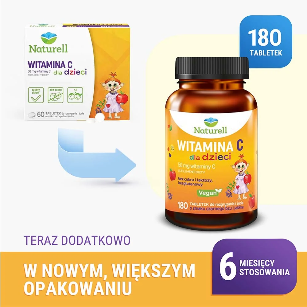 Naturell, Witamina C dla dzieci, tabletki do rozgryzania i żucia, 180 sztuk 