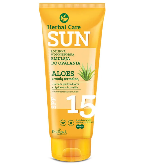 Farmona Herbal Care Sun, roślinna wodoodporna emulsja do opalania Aloes z wodą termalną SPF 15, 150 ml