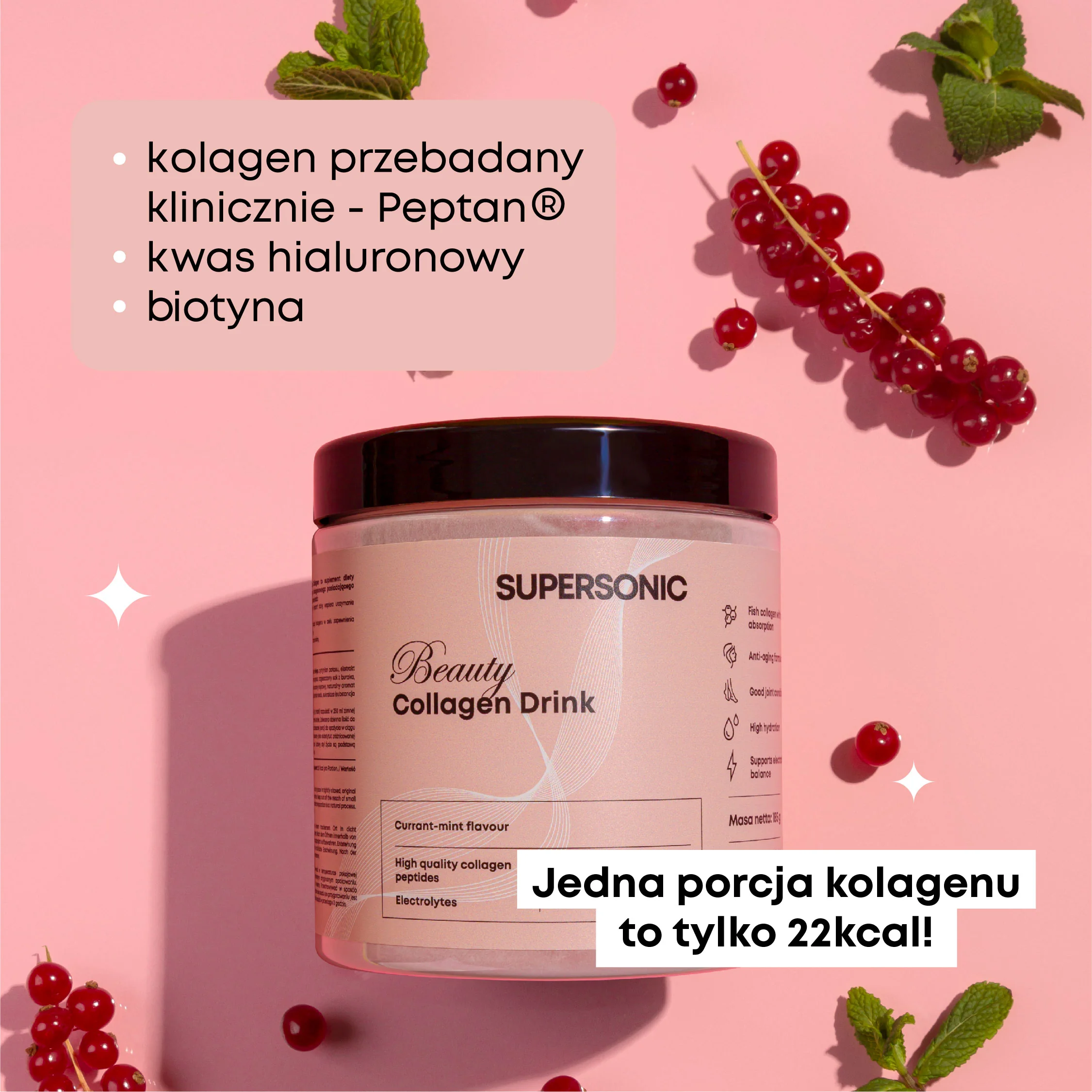 Supersonic Collagen Beauty Drink kolagen w proszku, smak porzeczka-mięta, 185 g 