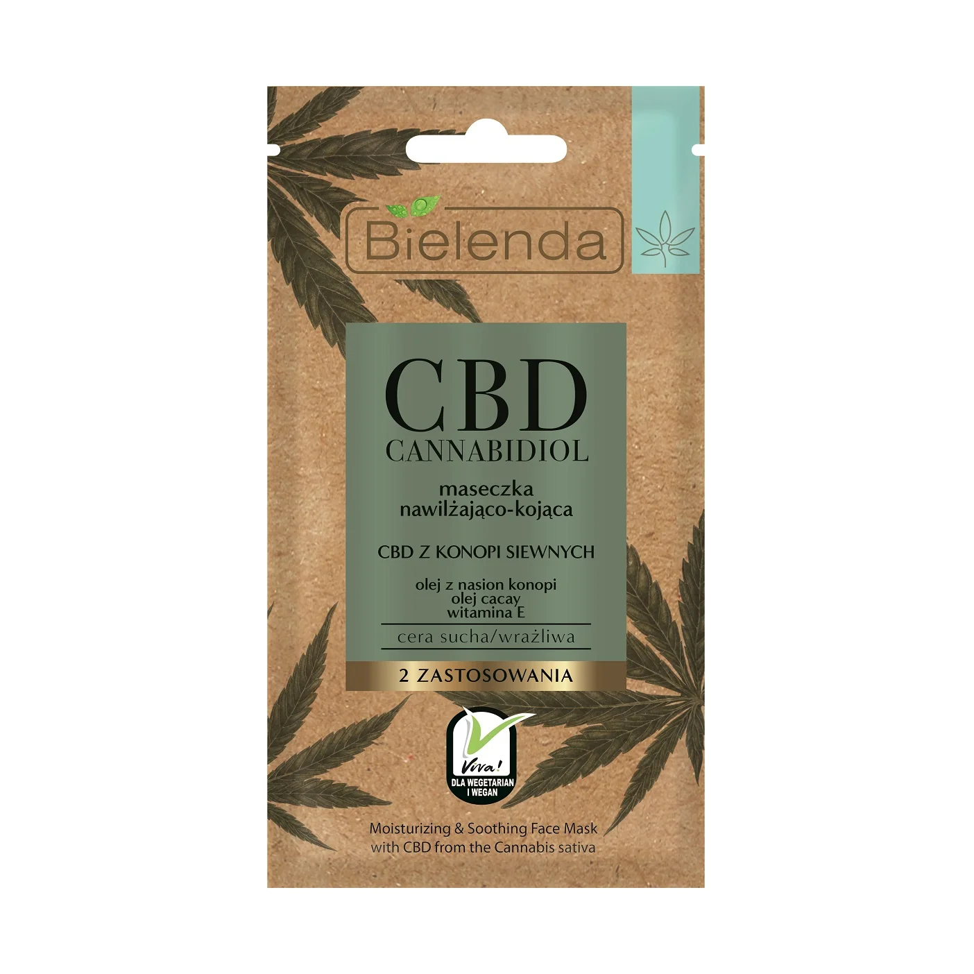 Bielenda CBD Cannabidiol, Maseczka nawilżająco-kojąca z CBD z konopi siewnych do cery suchej i wrażliwej, 8 g