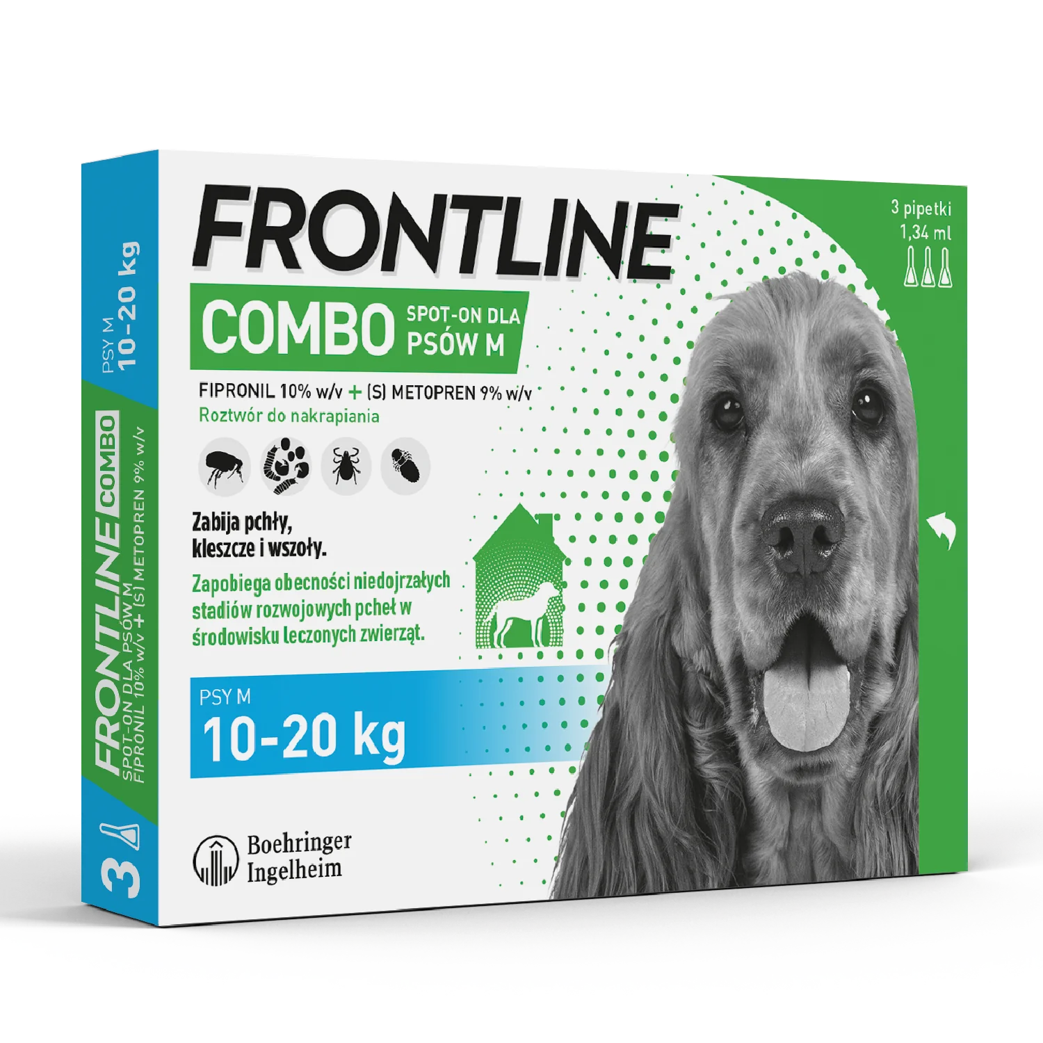 Frontline Combo M, (134 mg + 120,60 mg)/1,34 ml, roztwór do nakrapiania dla psów 10-20 kg, 3 x 1,34 ml 