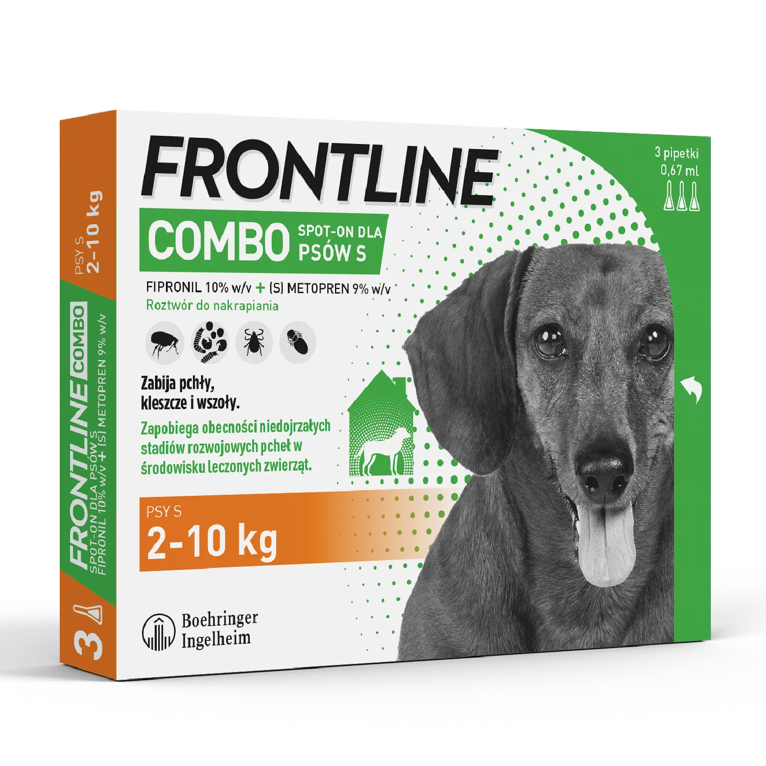 Frontline Combo S, (67 mg + 60,30 mg)/0,67 ml, roztwór do nakrapiania dla psów 2-10 kg, 3 x 0,67 ml