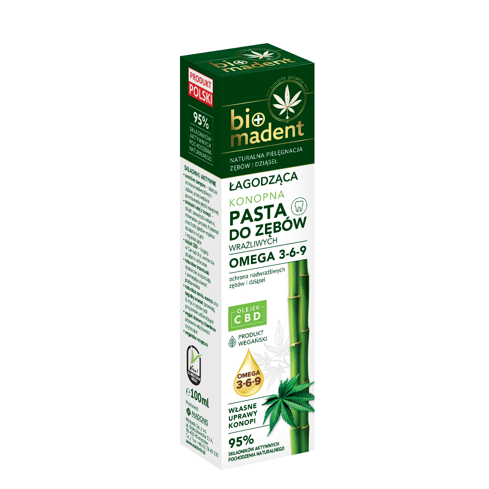 BIO MADENT łagodząca konopna pasta do zębów wrażliwych z kwasami Omega i olejkiem CBD, 100 ml