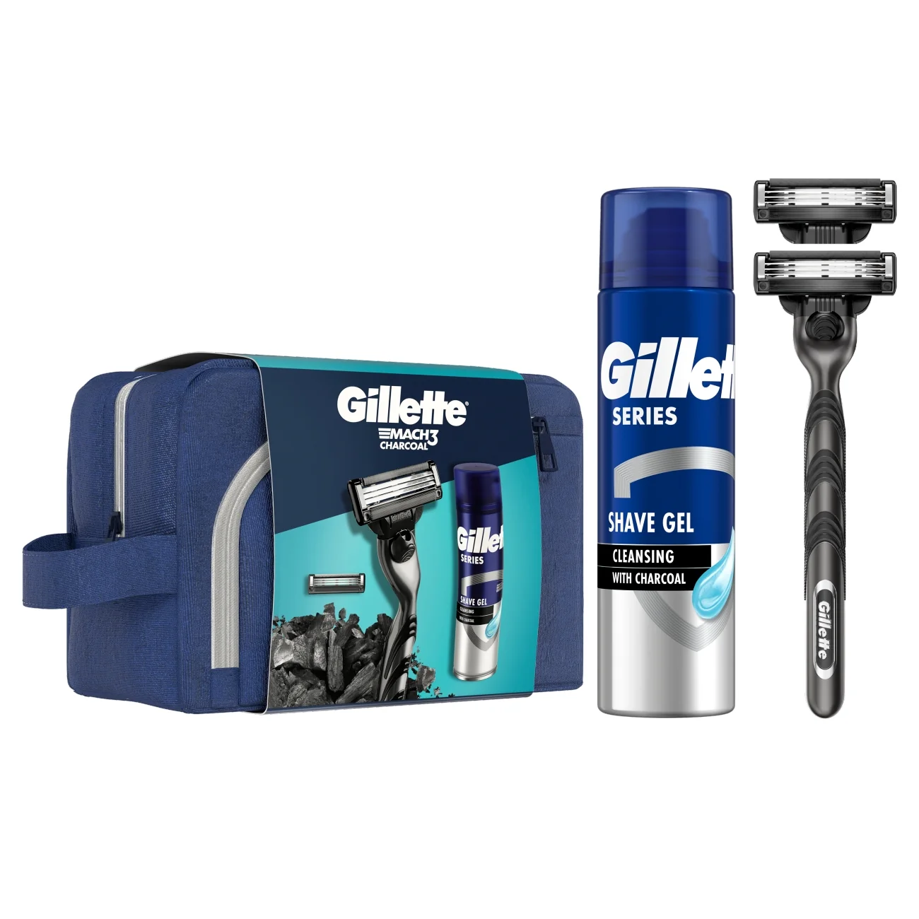 Gillette Mach3 Charchoal zestaw podarunkowy maszynka do golenia dla mężczyzn z 2 wymiennymi wkładami + żel do golenia, 200 ml + kosmetyczka