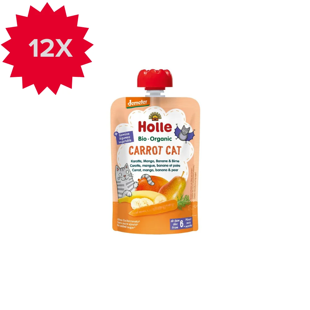 Holle BIO Carrot Cat mus marchewkowy Kotek z marchewki, mango, banana i gruszki dla niemowląt powyżej 6. miesiąca życia, 12 x 100 g