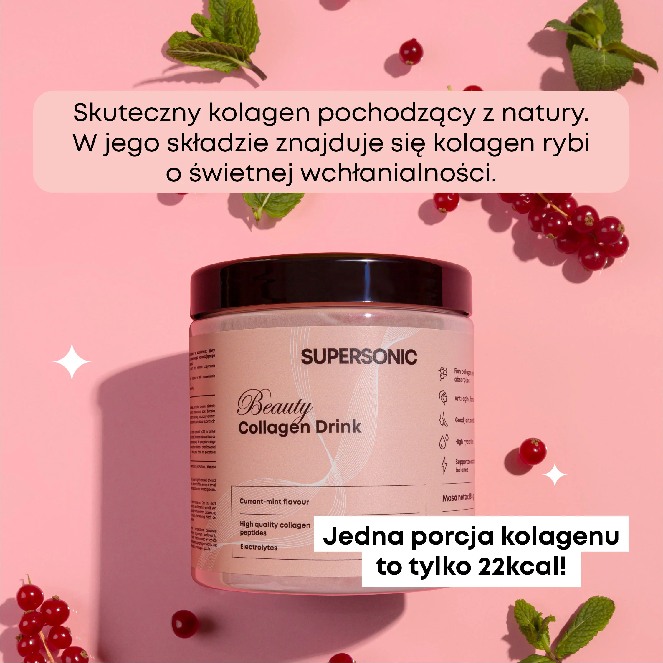 Supersonic Collagen Beauty Drink kolagen w proszku, smak porzeczka-mięta, 185 g 