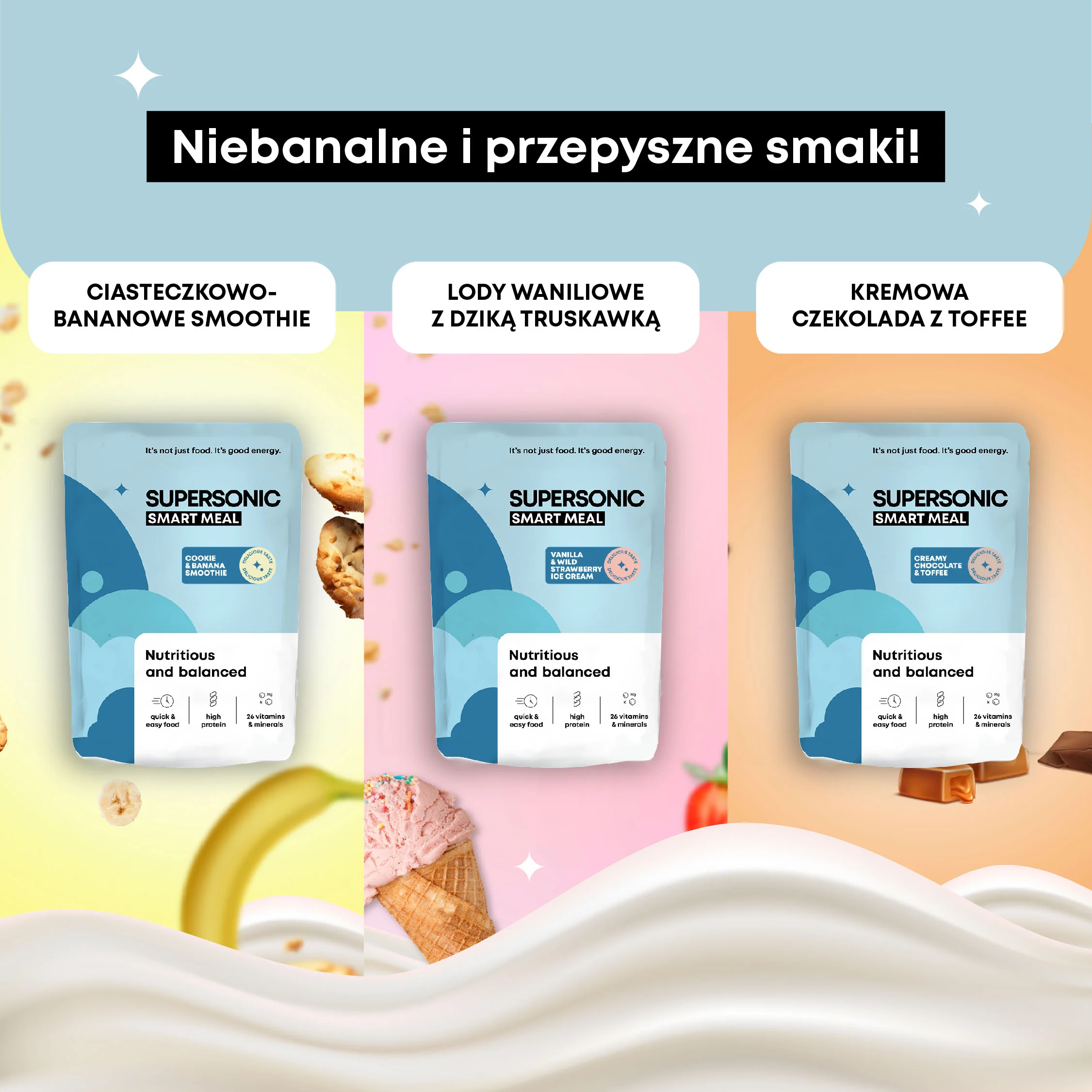 Supersonic Smart Meal pełnowartościowy posiłek o smaku lodów waniliowych z dziką truskawką, 1 porcja, 100 g 