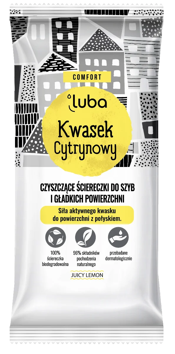 Luba Comfort Kwasek cytrynowy Nawilżane ściereczki do szyb i gładkich powierzchni, 24 sztuki