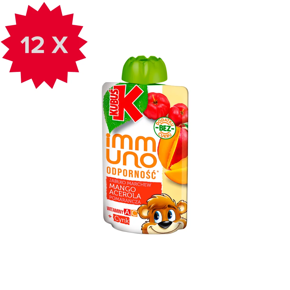 Kubuś Immuno Odporność mus owocowy mango i acerola z witaminą C i cynkiem, 12 x 100 g