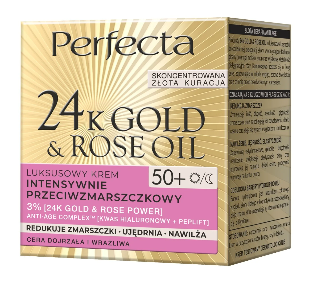 Perfecta 24K Gold & Rose Oil, luksusowy krem przeciwzmarszaczkowy do twarzy 50+, 50 ml