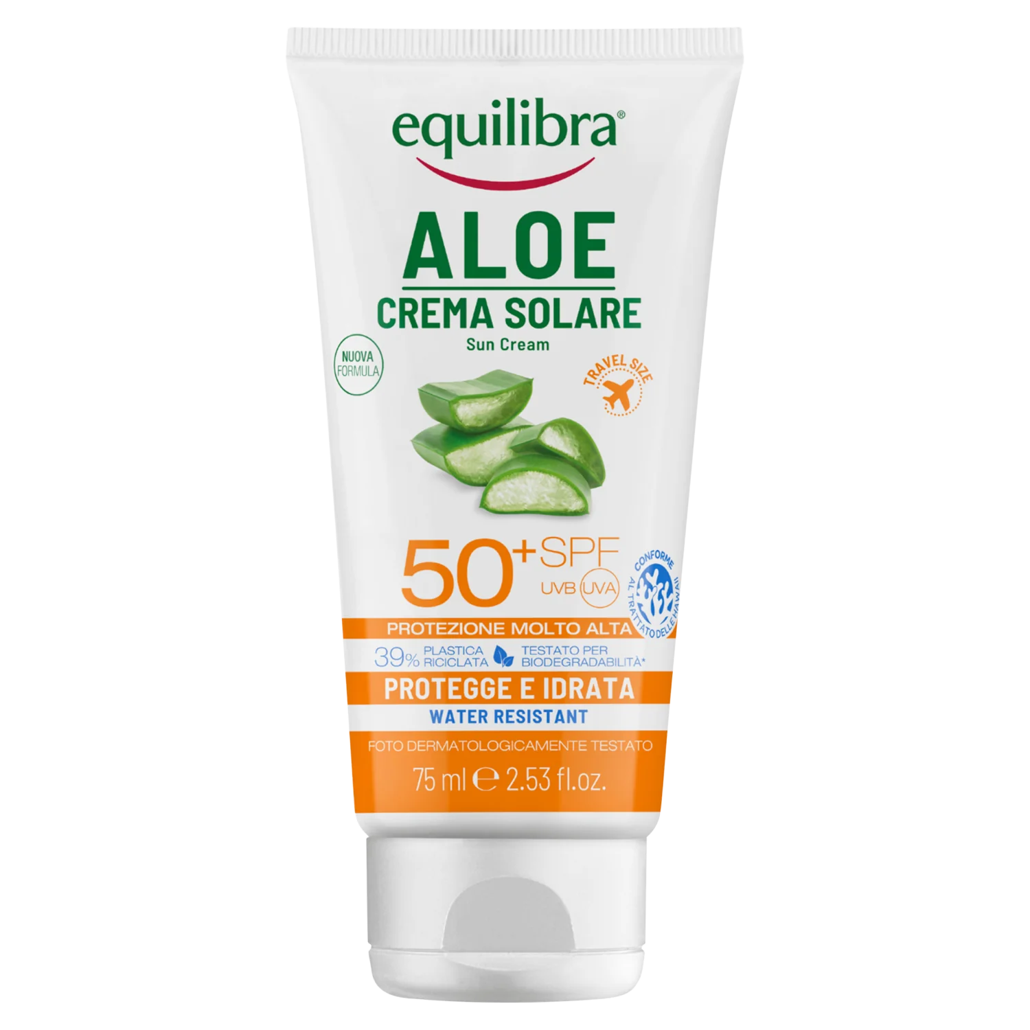 Equilibra Aloe, krem przeciwsłoneczny do ciała UVA UVB SPF50+, 75 ml