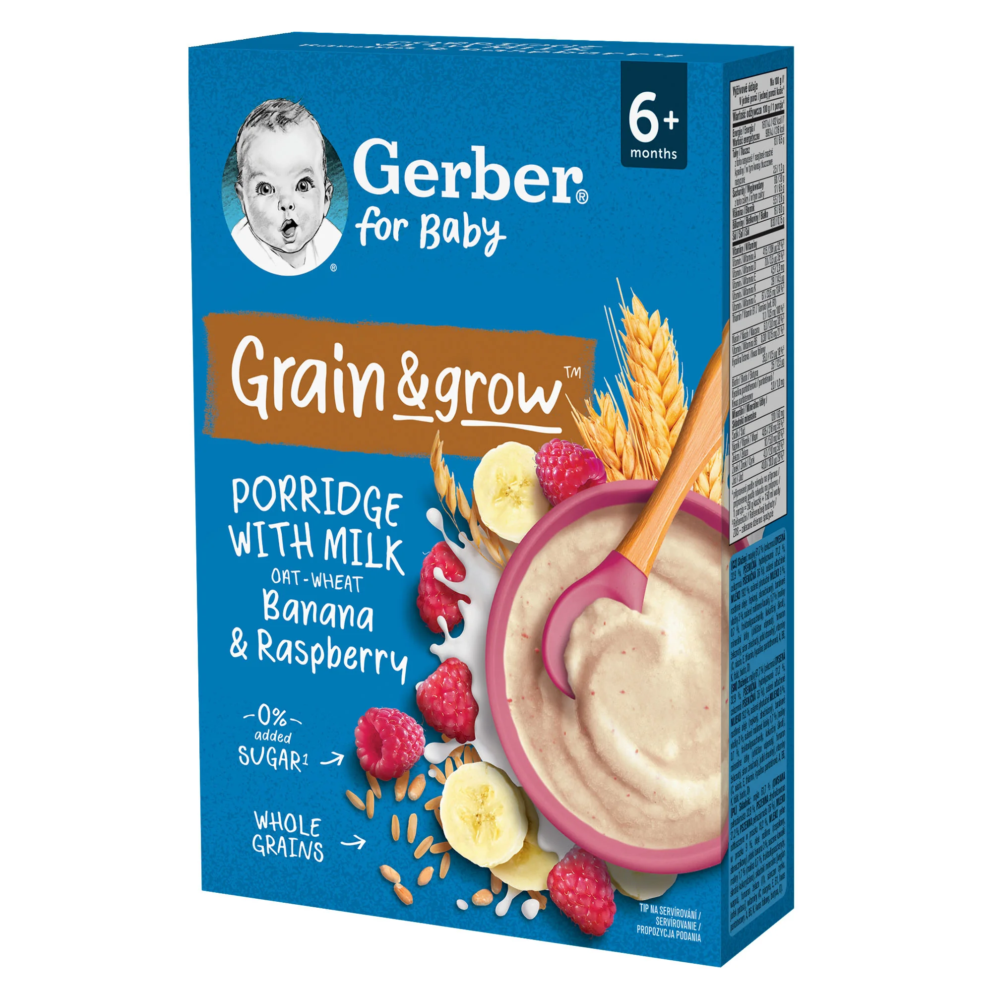 Gerber Grain & grow kaszka owsiano-pszenna mleczna banan malina po 6 miesiącu, 200 g