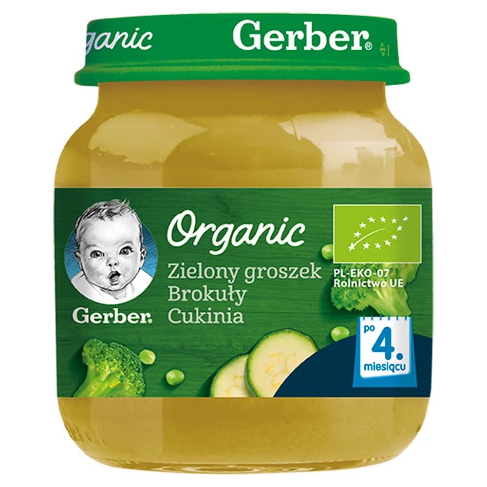 Gerber Organic obiadek zielony groszek-brokuły-cukinia dla niemowląt po 4 miesiącu, 125 g