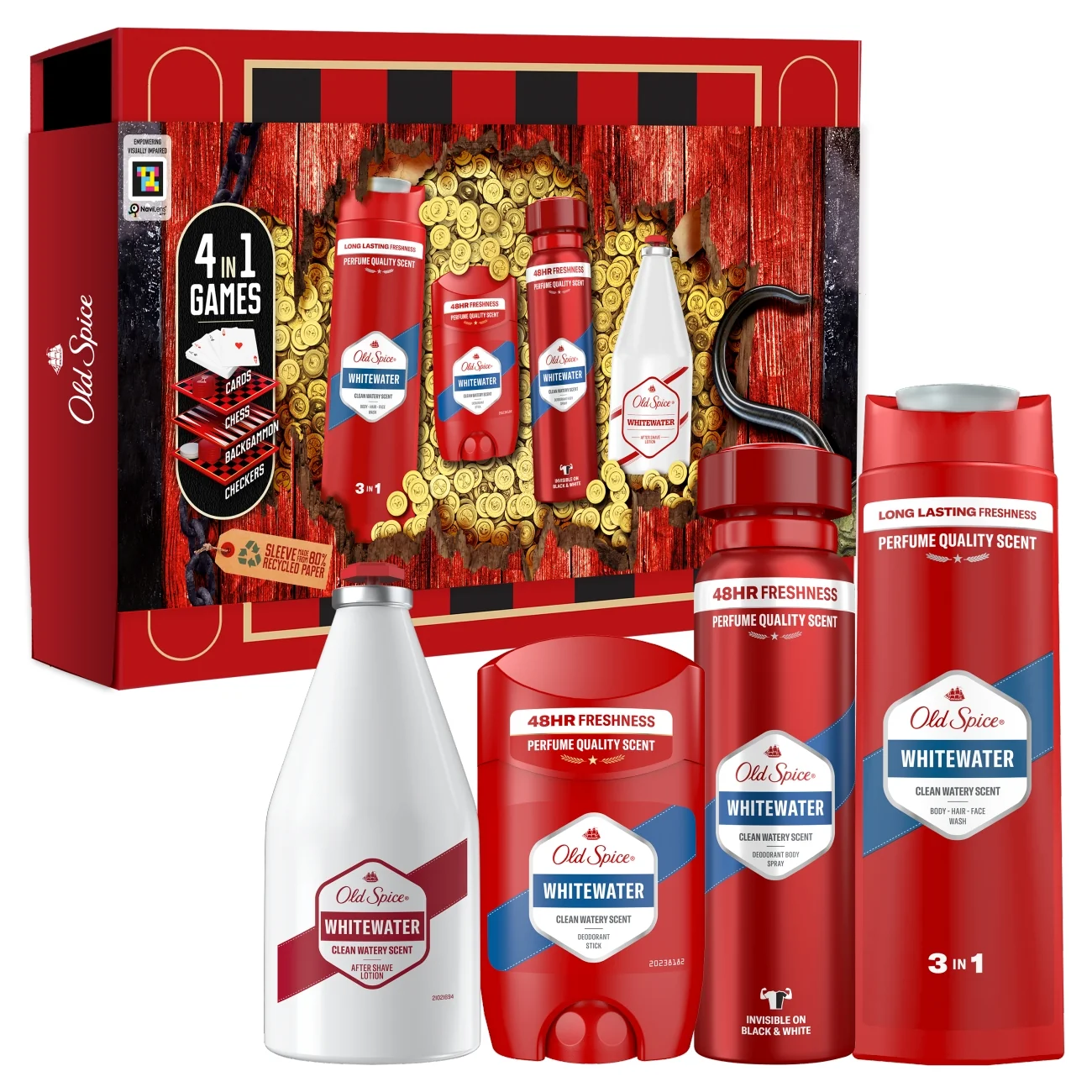 Old Spice Whitewater dezodorant w sztyfcie, 50 ml + dezodorant w sprayu, 150 ml + żel pod prysznic, 250 ml + woda po goleniu, 100 ml