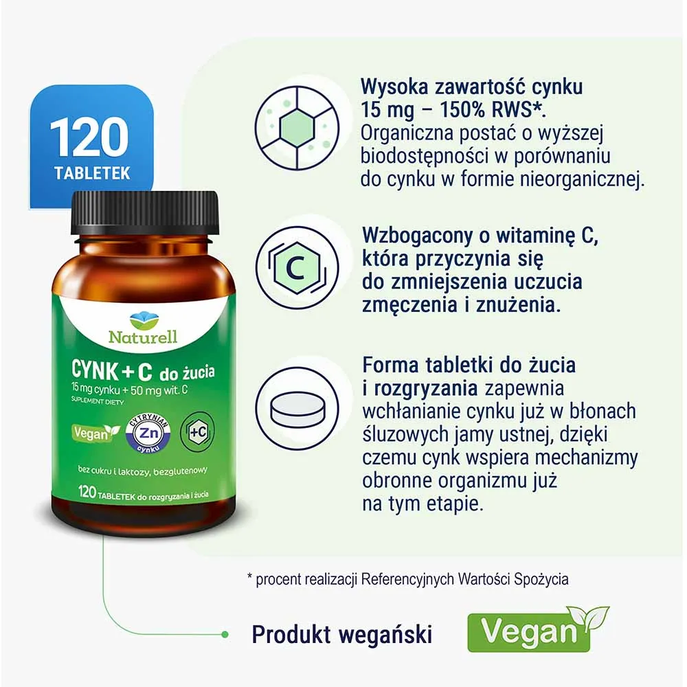 Naturell cynk organiczny + witamina C, 120 tabletek do żucia 