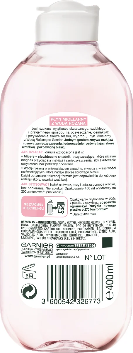 GARNIER płyn micelarny do twarzy z wodą różaną, 400 ml