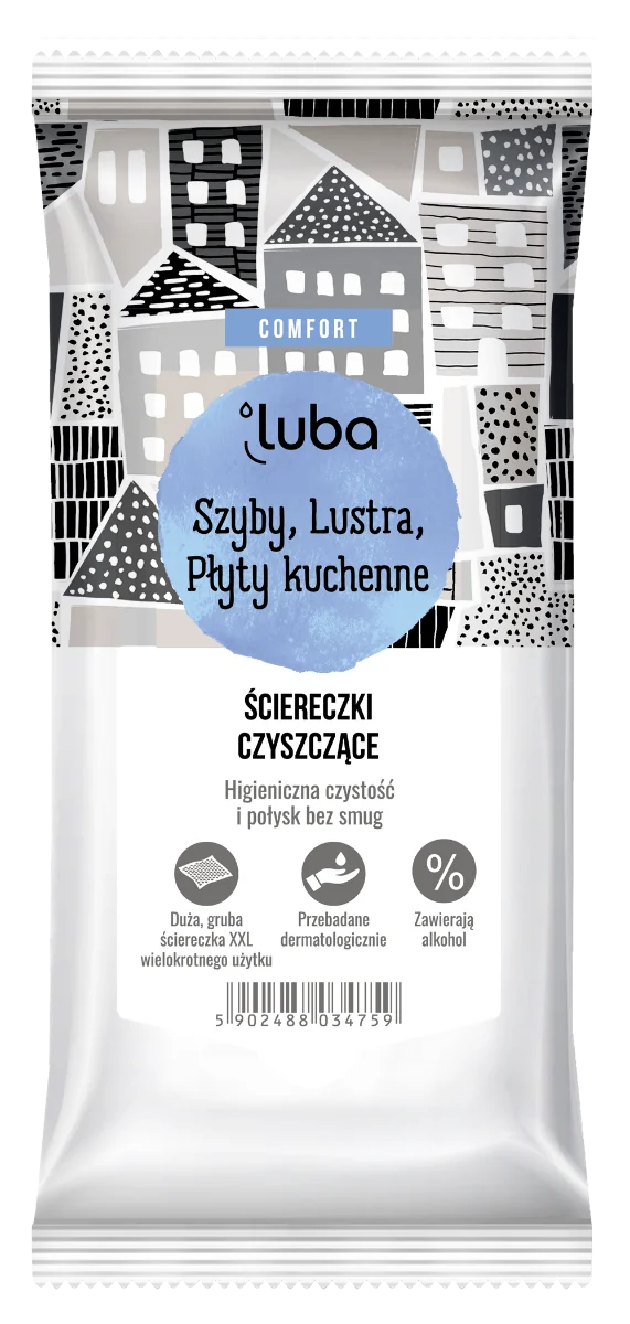 Luba Comfort Nawilżane ściereczki czyszczące antybakteryjne Szyby Lustra Płyty kuchenne, 32 sztuki