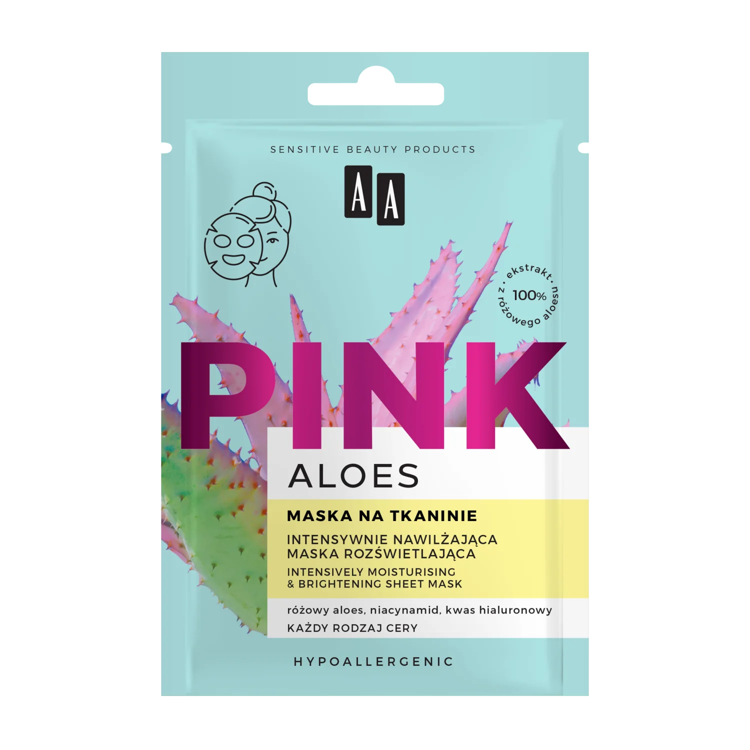 AA ALOES PINK Intensywnie nawilżająca maska rozświetlająca na tkaninie,  2x4ml 