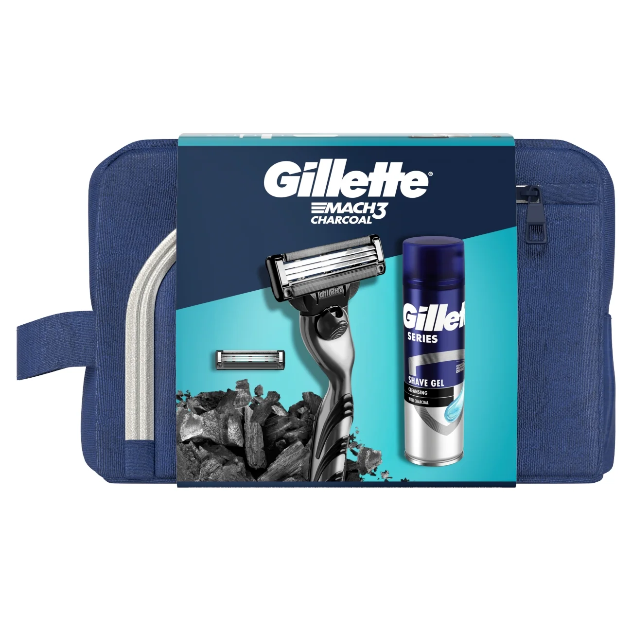 Gillette Mach3 Charchoal zestaw podarunkowy maszynka do golenia dla mężczyzn z 2 wymiennymi wkładami + żel do golenia, 200 ml + kosmetyczka 