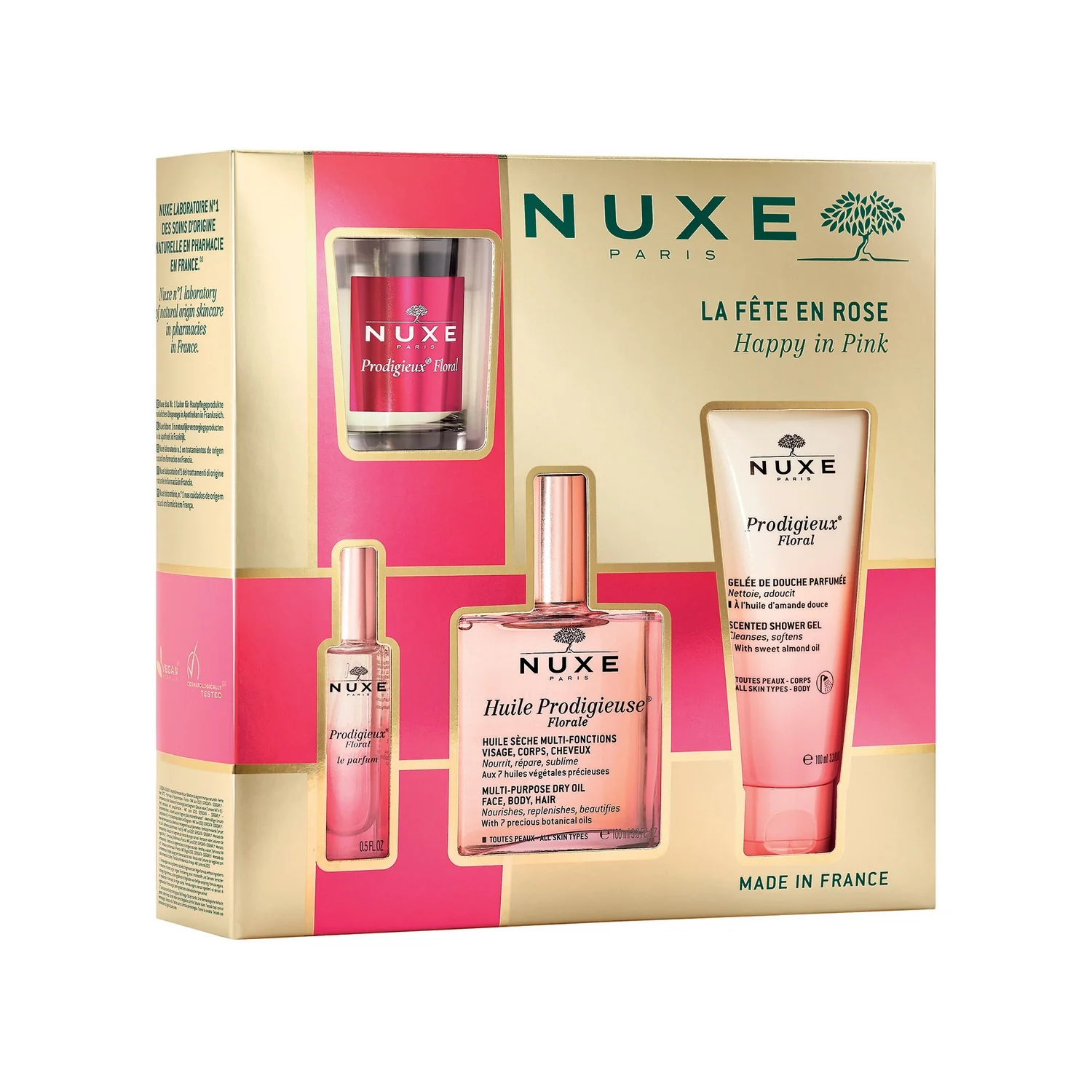 Nuxe suchy olejek pielęgnacyjny Huile Prodigieuse Florale, 100 ml  + żel pod prysznic Prodigieux Floral, 100 ml + perfumy Prodigieux Floral, 15 ml + świeca zapachowa, 70 g 