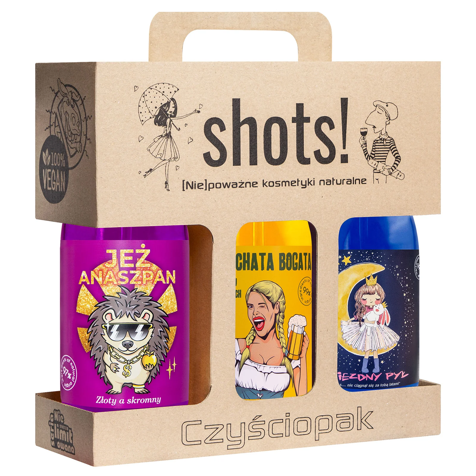 LaQ Shots! Czyściopak Jeż żele pod prysznic Jeż Anaszpan, Czym Chata Bogata, Gwiezdny Pył, 3 x 500 ml