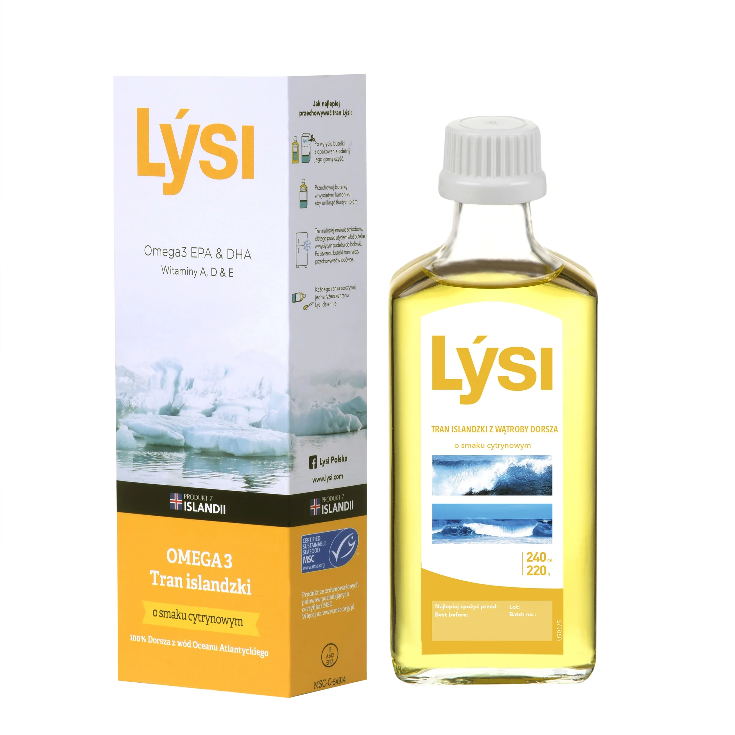 Lysi tran islandzki o smaku cytrynowym, 240 ml