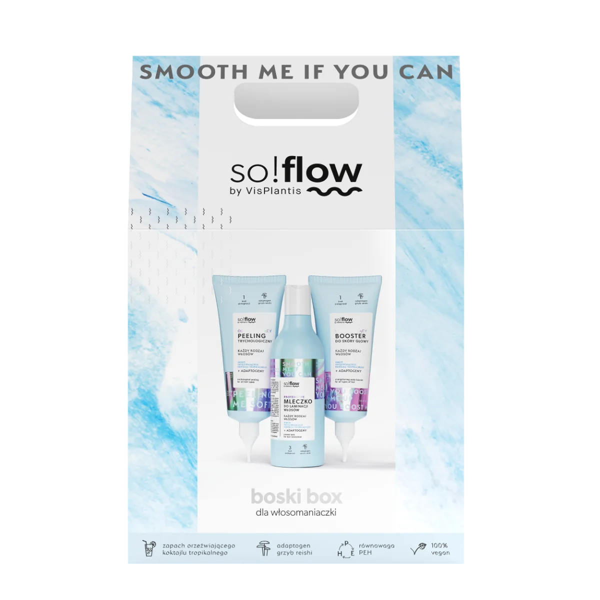 VisPlantis so!flow Zestaw kosmetyków dla włosomaniaczki Boski Box peeling, booster, mleczko, 150 ml + 100 ml + 100 ml 