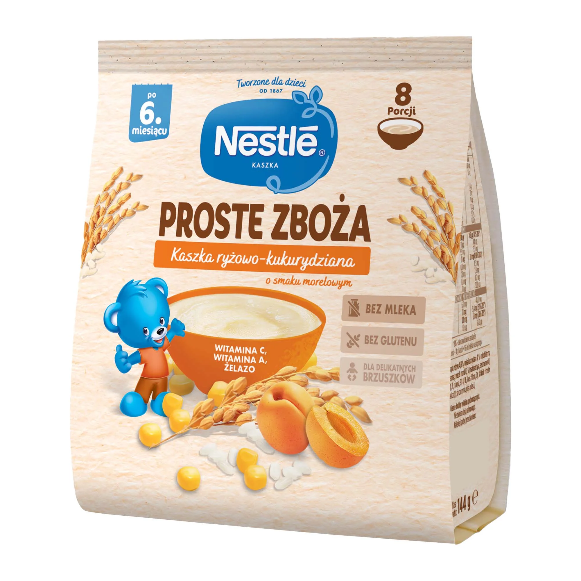 Nestlé Proste Zboża kaszka ryżowo-kukurydziana o smaku morelowym po 6. miesiącu, 144 g