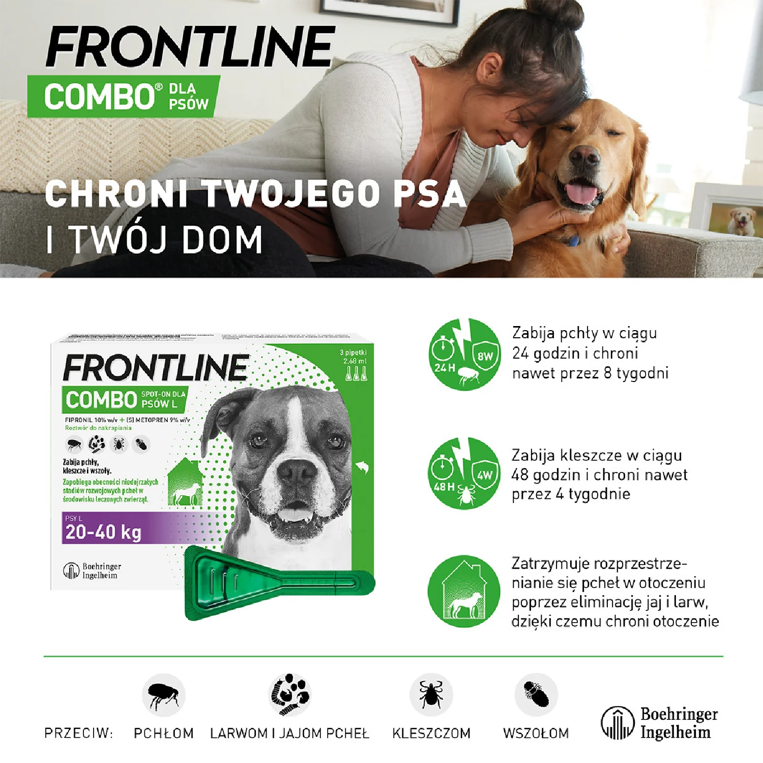 Frontline Combo L, (268 mg + 241,20 mg)/2,68 ml, roztwór do nakrapiania dla psów 20-40 kg, 3 x 2,68 ml 