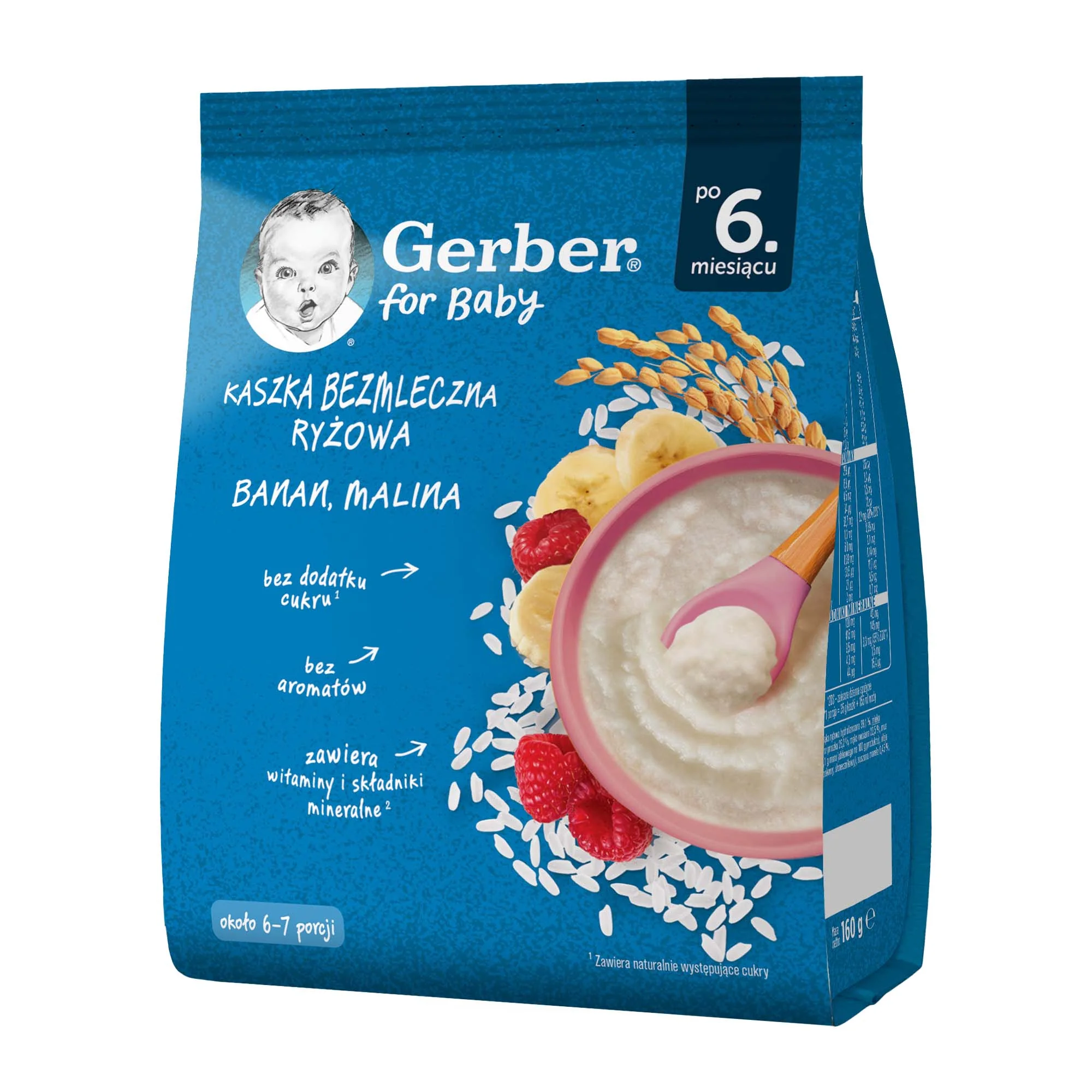 Gerber kaszka bezmleczna ryżowa banan malina po 6. miesiącu, 160 g