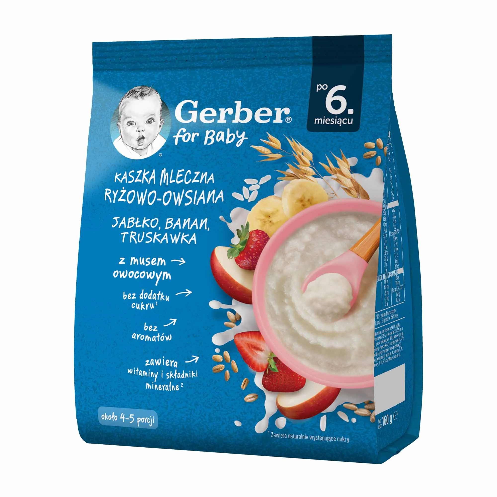 Gerber kaszka mleczna ryżowo-owsiana jabłko banan truskawka po 6. miesiącu, 160 g