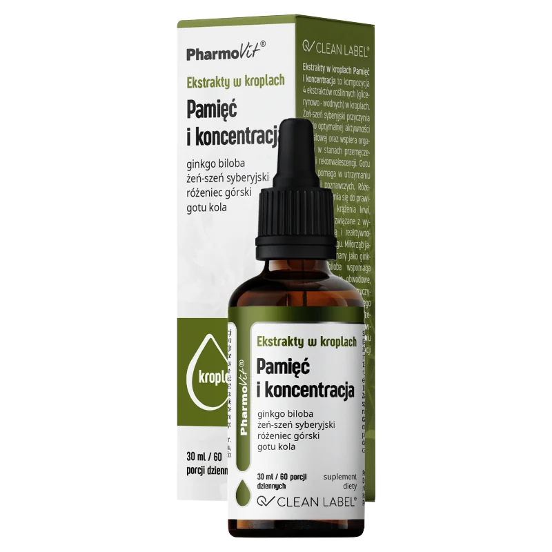 Pharmovit Clean label, Ekstrakty w kroplach Pamięć i koncentracja, suplement diety, 30 ml