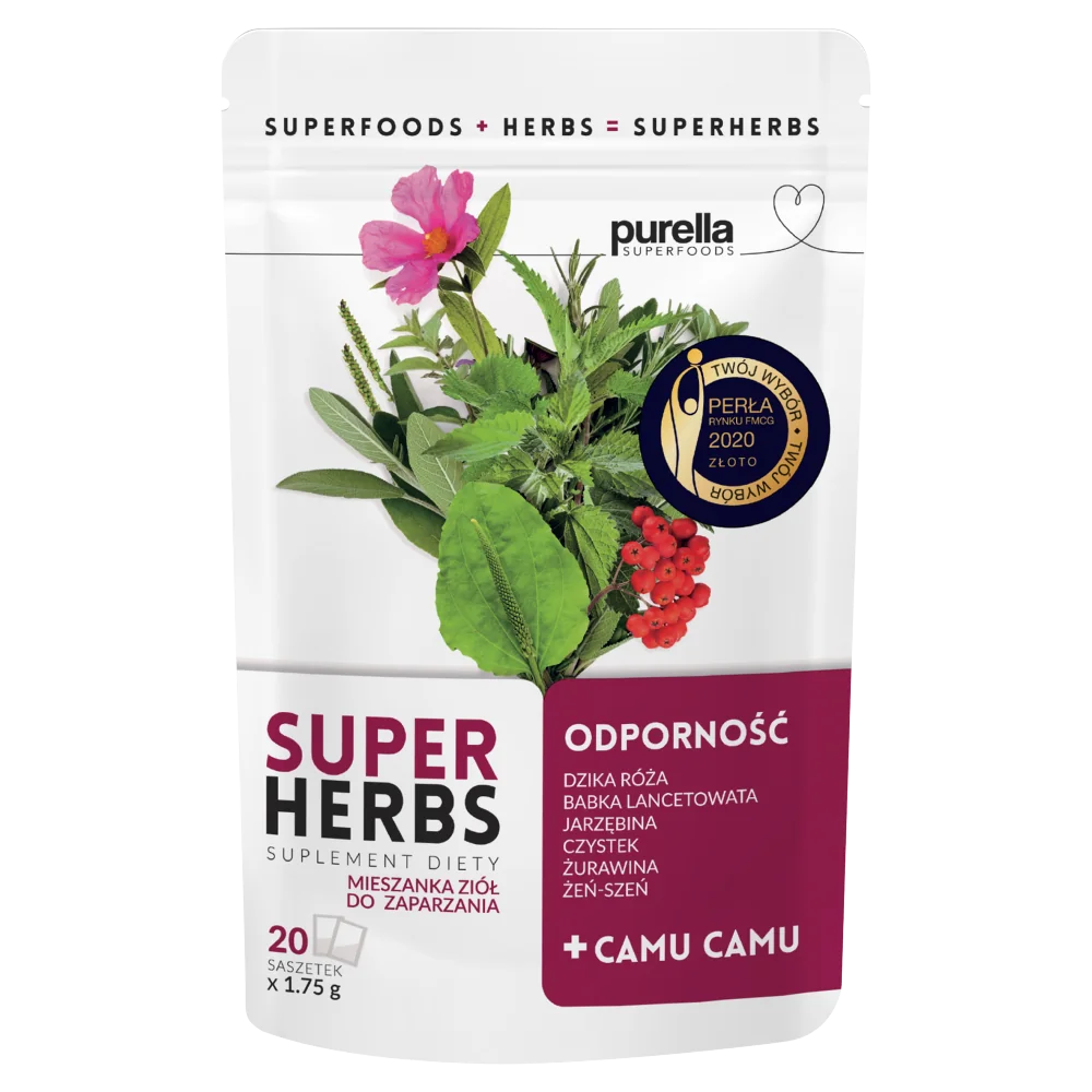 Purella Superfoods Superherbs Mieszanka ziół do zaparzania Odporność z jagodami Camu Camu, 35 g