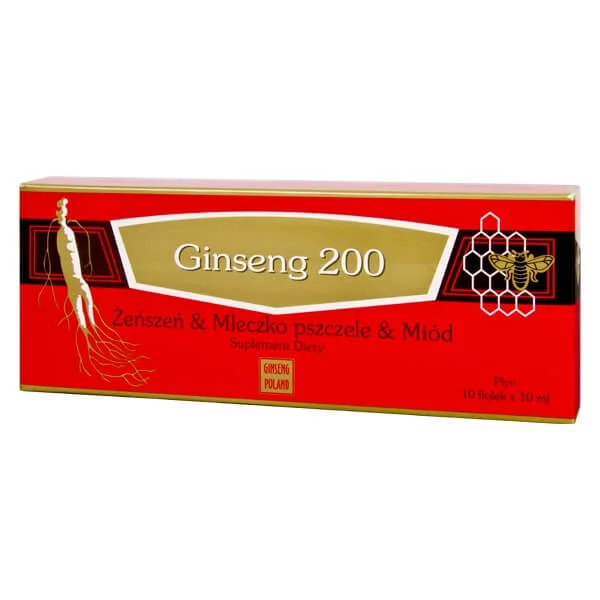 Ginseng 200, Żeń-Szeń, mleczko pszczele i miód, suplement diety, 10 fiolek po 10 ml