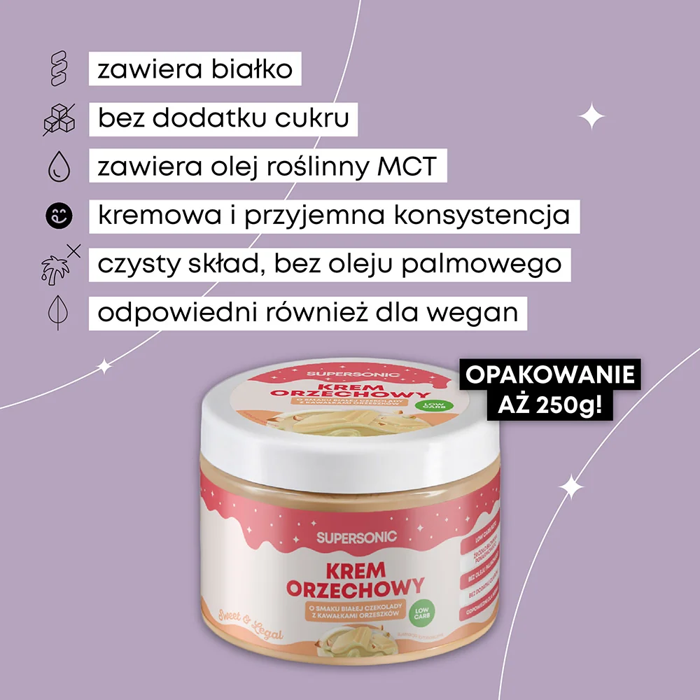 Supersonic krem orzechowy crunchy o smaku białej czekolady z kawałkami orzeszków (low-carb), 250 g 