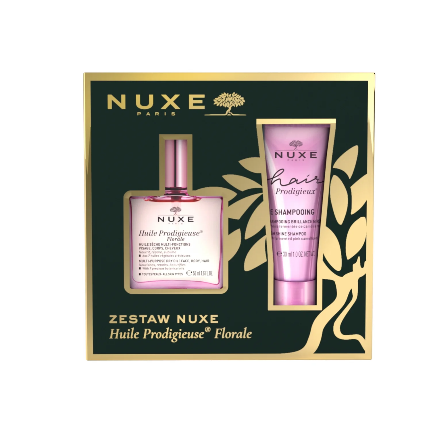 Nuxe, suchy olejek pielęgnacyjny Florale, 50 ml + szampon nabłyszczający, 30 ml 